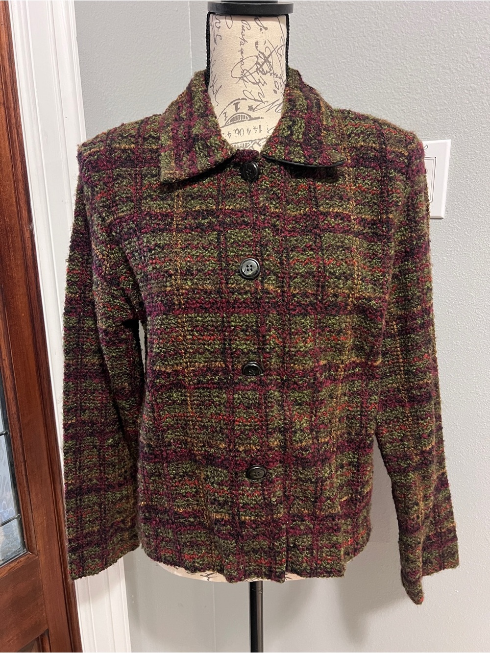 First Option Vintage 90s Boucle Tweed Plaid Blazer Jacket Purple Green Large